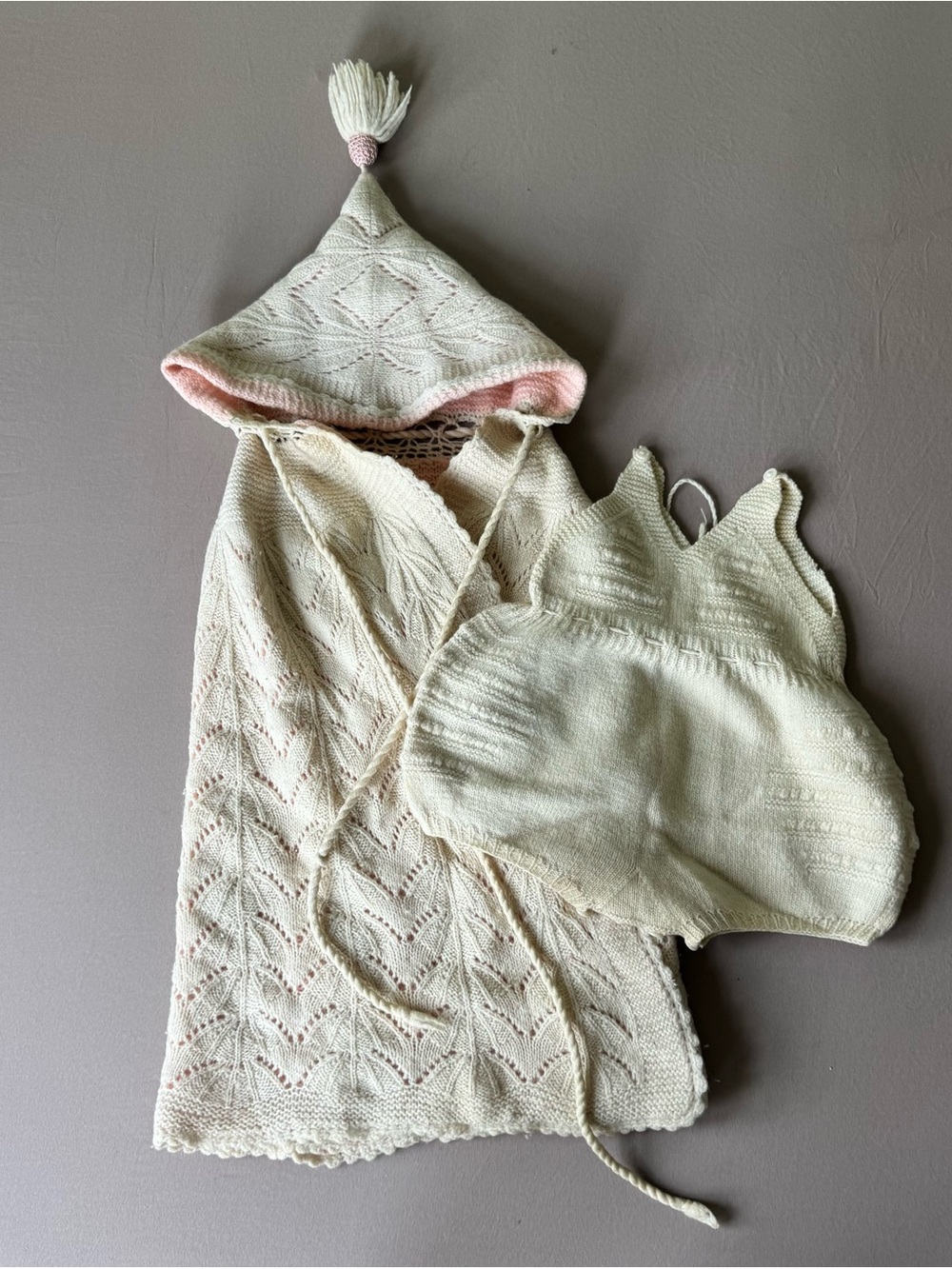 Antique 1940s Hand Knit Baby Hooded Cape & Romper set